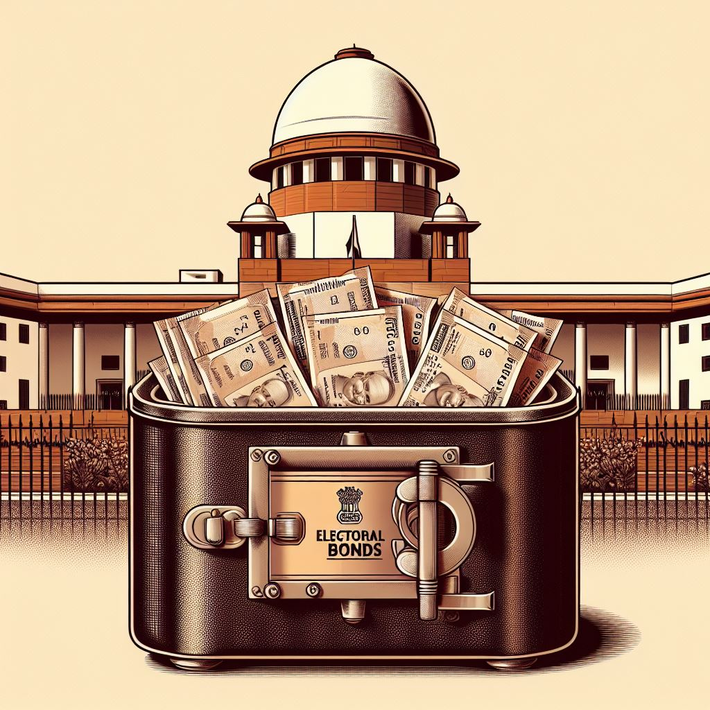 The Supreme Court of India is in the background. In the foreground, a steel vault bearing the name "ELECTORAL BONDS" is filled with currency notes