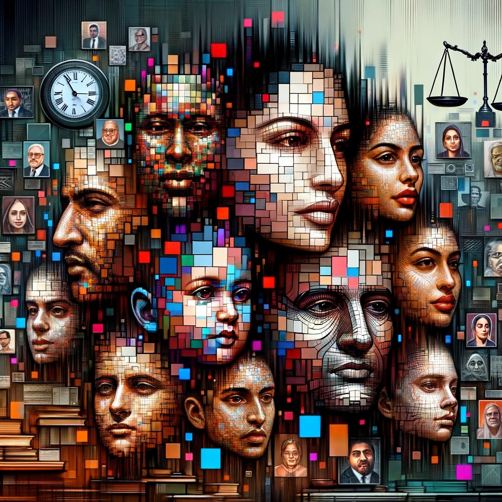This image is an abstract conceptual illustration that visually represents the challenges of deepfake technology and copyright infringement in India, featuring a collage of diverse faces with pixelated distortions against a backdrop of legal symbols